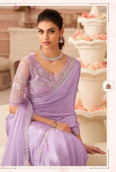 India Silk Lavender Sarees With Silver Chiffon Shimmer Combine Rich Silk Texture With A Delicate
